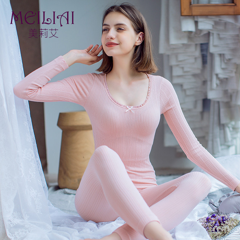纯色条纹保暖内衣女士学生冬薄款美体棉毛衫打底内穿秋衣秋裤套装|ruв категории Нижнее белье, теплый костюм - от Buy2taobao.com для оказания профессиональной услуги покупки агента Taobao