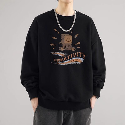 重磅纯棉无帽圆领卫衣男款秋冬套头潮流潮牌印花ins宽松外套上衣