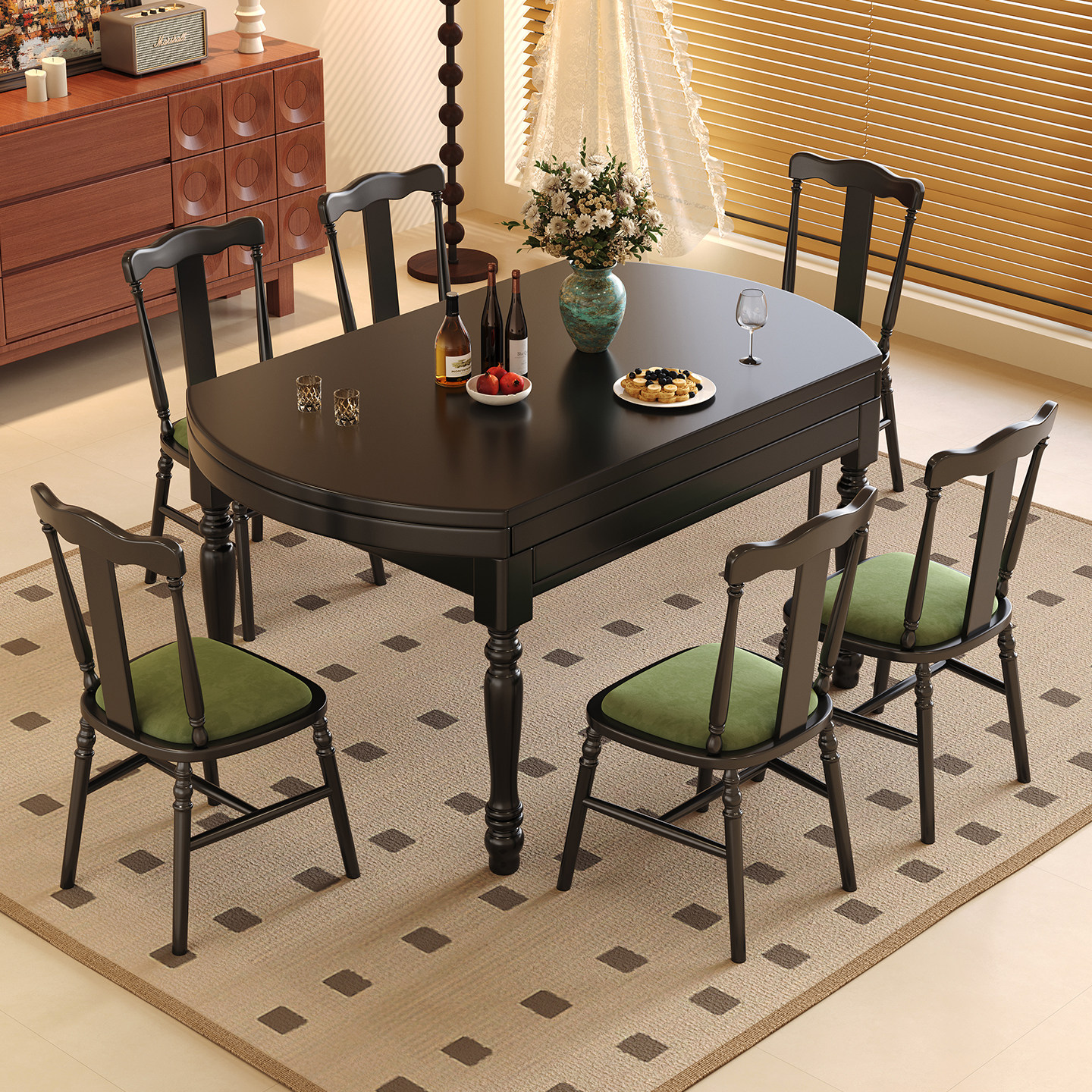 法式复古风实木可伸缩圆形餐桌小户型家用美式黑色奶油风折叠方桌