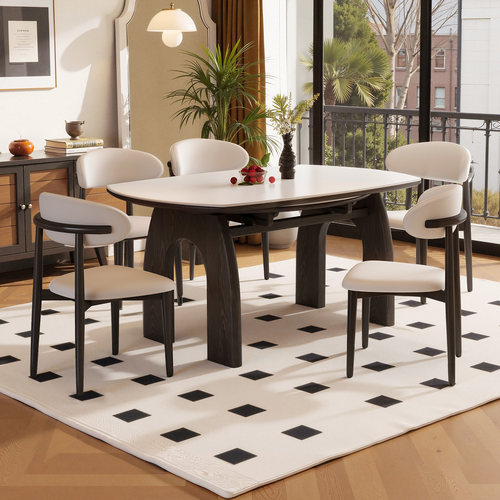 黑色复古风可伸缩实木岩板餐桌