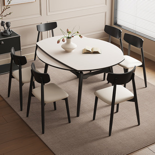 家用折叠岩板圆桌黑色极简美式 复古伸缩实木圆形餐桌椅组合小户型