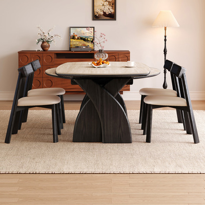 洞石岩板实木伸缩餐桌可变圆桌