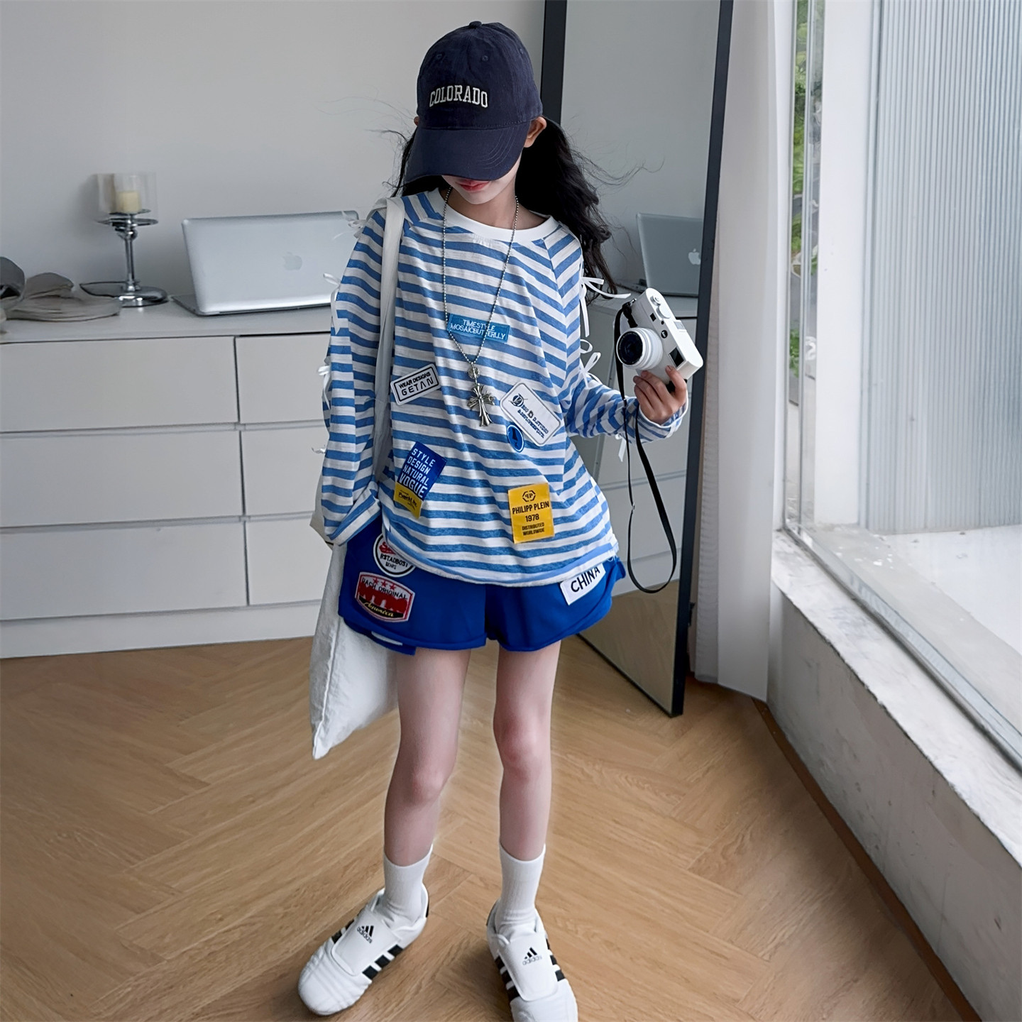 女童长袖条纹防晒衣套装2025夏季新款中大童薄款上衣短裤两件套潮图片