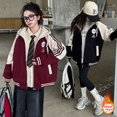 初中生加厚保暖拼接棉服潮 韩版 女童秋冬装 夹棉棒球服外套2025新款