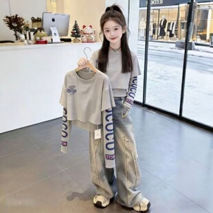 女童长袖 两件套潮 T恤2026春秋圆领假两件上衣儿童洋气时髦牛仔裤