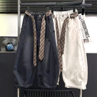 女童牛仔裤秋季女孩弯刀长裤洋气腰带阔腿裤大童潮酷韩版炸街裤子