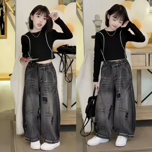韩系酷飒卡绳长袖T恤套装女童春秋新款洋气破洞拼接牛仔裤两件套