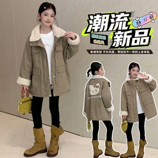 羊羔毛拼接翻领中长款棉衣女童冬季新款洋气韩版复古加厚工装外套