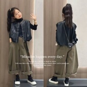 裤 洋气韩范中大童坎肩背心外套工装 潮 春秋新款 女童黑色皮马甲套装