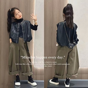 女童黑色皮马甲套装春秋新款洋气韩范中大童坎肩背心外套工装裤潮