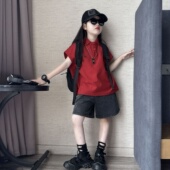 Polo衫 新款 蝙蝠袖 韩版 t恤套装 女童夏季 洋气中大童炒色牛仔短裤 潮