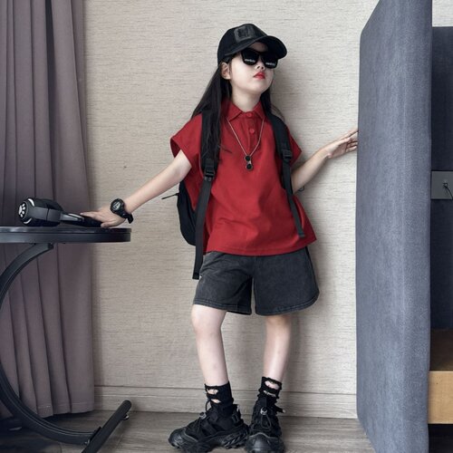 韩版Polo衫蝙蝠袖t恤套装女童夏季新款洋气中大童炒色牛仔短裤潮