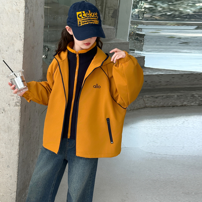 黄色冲锋衣女童秋冬外套加厚内胆女孩连帽风衣潮酷洋气大童两件套