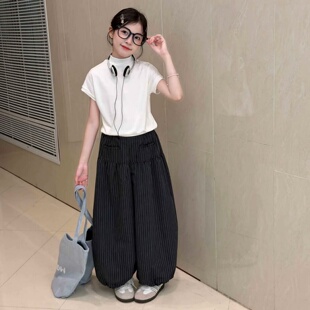 女童2026新款甜美纯色百搭T恤条纹西装裤阔腿灯笼裤套装时尚夏季