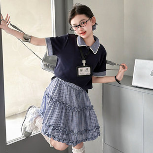 女童藏青格纹Polo假两件短袖上衣蛋糕裙套装夏季2026新款韩系穿搭