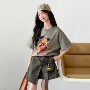女童卡通米奇短袖T恤夏季2026韩版宽松圆领上衣工装裙裤两件套潮