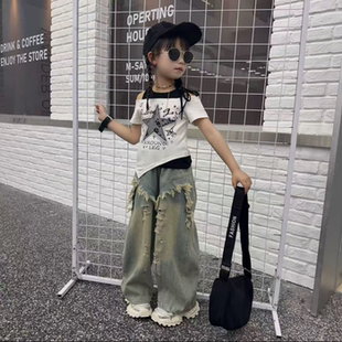 甜酷女童夏季新款洋气不规则露肩短袖T恤潮酷破洞牛仔裤两件套潮