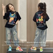 破洞牛仔裤 女童夏季 T恤薄款 印花短袖 两件套 酷飒超好看中大童个性