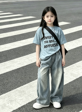 女童夏季休闲蜡染字母短袖T恤2025新款洋气薄款牛仔弯刀裤两件套