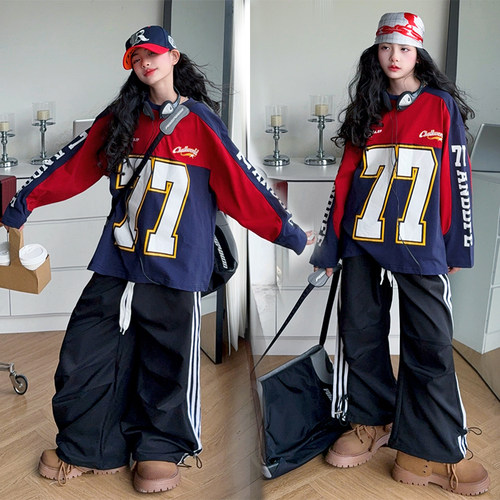 美式复古赛车服长袖t恤套装女童潮牌77号冰球服宽松橄榄球运动潮
