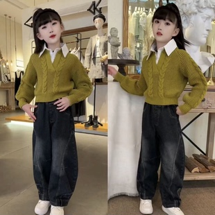 韩版女童假两件衬衫领毛衣牛仔裤套装秋冬款洋气加绒弯刀裤两件套