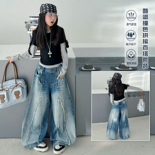 2025春季超火撞色拼接假两件上衣女童做旧流苏牛仔阔腿弯刀裤套装