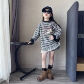 休闲卫衣潮 洋气时髦中长款 韩系蕾丝边条纹磨毛打底衫 女童春秋新款