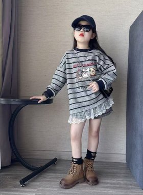 韩系蕾丝边条纹磨毛打底衫女童春秋新款洋气时髦中长款休闲卫衣潮