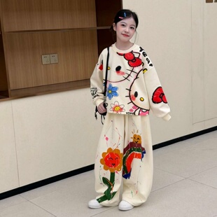 女童卡通印花卫衣套装春秋新款中大童猫咪上衣阔腿裤休闲两件套潮