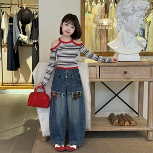 女童条纹露肩长袖上衣春秋2025新款复古假两件格子拼接牛仔裤套装