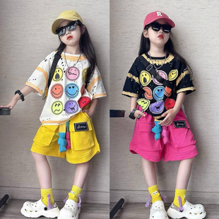 男女童夏季休闲时髦多巴胺套装潮酷中大童涂鸦短袖短裤运动两件套