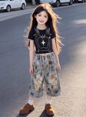 美式街头风套装女童夏季新款洋气短款印花短袖T恤阔腿牛仔中裤潮