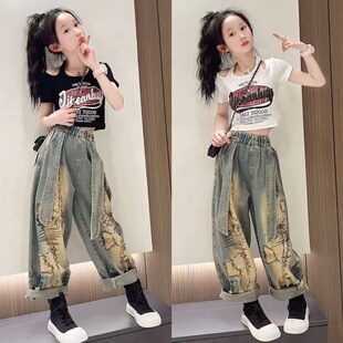 女童重工牛仔弯刀裤套装2025夏款挂脖短袖T恤爵士舞镰刀裤两件套