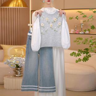韩系甜美立体花朵毛衣马甲背心叠穿衬衫套装女童春秋牛仔裤三件套