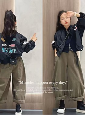 女童立领字母棒球服外套春秋新款洋气中大童潮范工装弯刀裤两件套