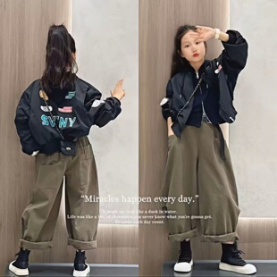 女童立领字母棒球服外套春秋新款洋气中大童潮范工装弯刀裤两件套