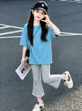 薄荷夏日字母印花慵懒风短袖T恤女童夏季新款休闲七分烟管裤套装