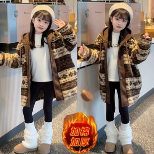 中长款保暖加厚连帽颗粒绒外套女童2025秋冬款皮毛一体假两件大衣