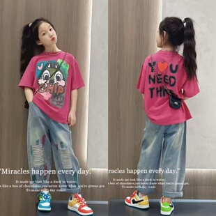 女童夏装短袖宽松上衣新款中大童洋气松鼠印花圆领T恤破洞牛仔裤