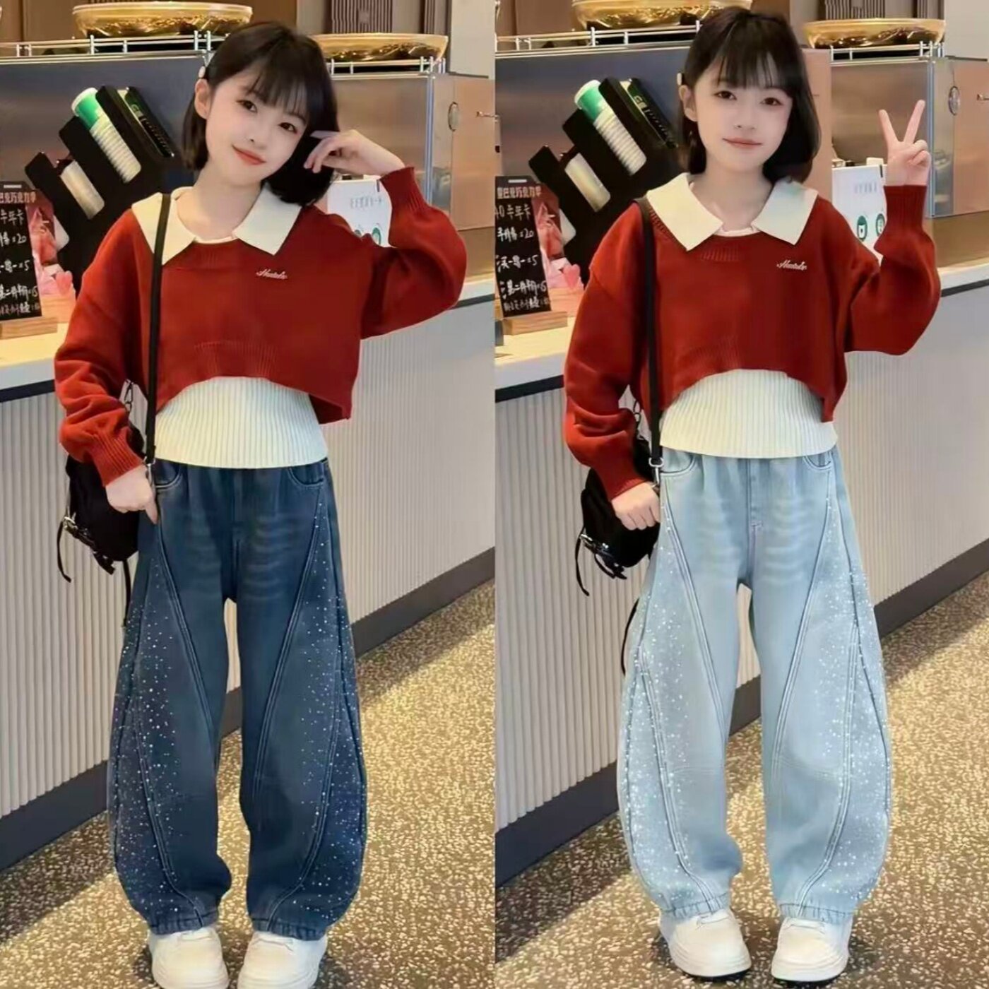 女童2026新款韩系叠穿真两件翻领毛衣烫钻满天星牛仔弯刀裤两件套图片