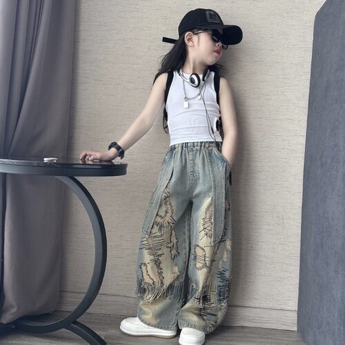 女童夏季潮酷风洋气时髦牛仔裤宽松百搭老爹裤短款爵士舞露腰背心