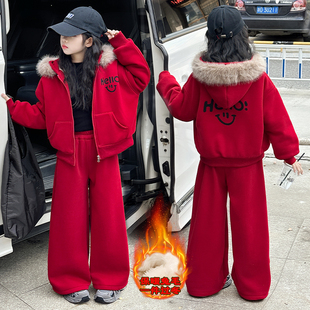 女童冬装套装巨好看2026马年新款女孩红色拜年服儿童冬季加绒套装