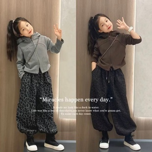 街舞一体绒连帽卫衣两件套潮 2025新款 女童美式 秋冬加绒豹纹灯笼裤