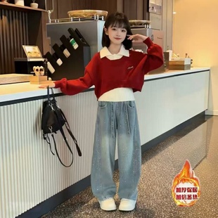 女童新款韩系叠穿真两件毛衣套装洋气中大童烫钻满天星牛仔弯刀裤