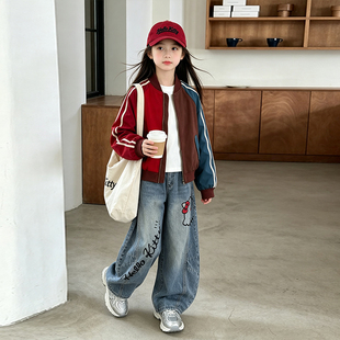 女童春秋拼色棒球服外套洋气儿童短款运动夹克猫咪印花牛仔裤套装