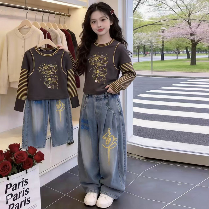 女童韩系牛仔裤套装春秋2026新款超好看条纹打底衫阔腿裤两件套潮,童装/婴儿装/亲子装,套装,淘宝优惠券,粉丝福利购,淘宝优惠卷