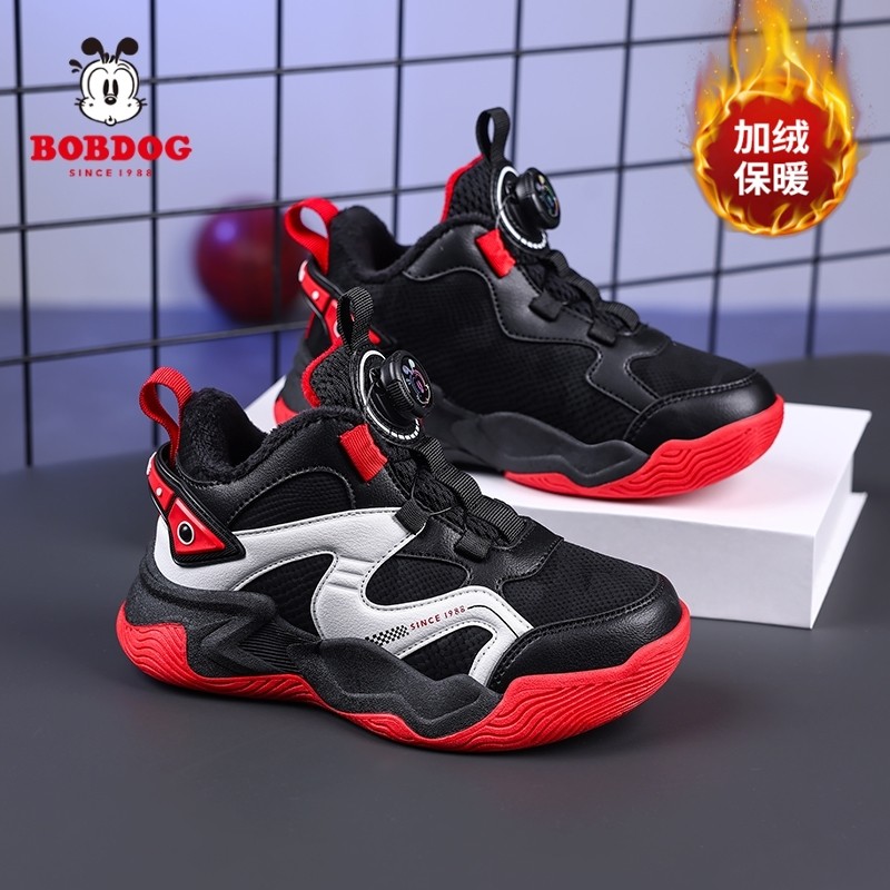 巴布豆旗舰男童篮球鞋秋冬季加绒皮面保暖中大童小男孩学生二棉鞋
