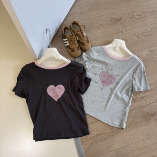 T恤韩系温柔风简约百搭显瘦短袖 甜心少短袖 T恤女宽松上衣 爱心