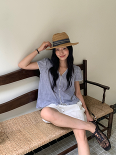 (雾凇岛)棉麻韩系简约显瘦V领小衫纯女正肩休闲百搭女衬衫