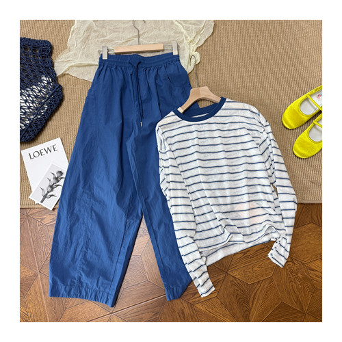 （蓝调）条纹韩慵懒风条纹圆领长袖防晒罩衫夏季宽松显瘦甜美上衣